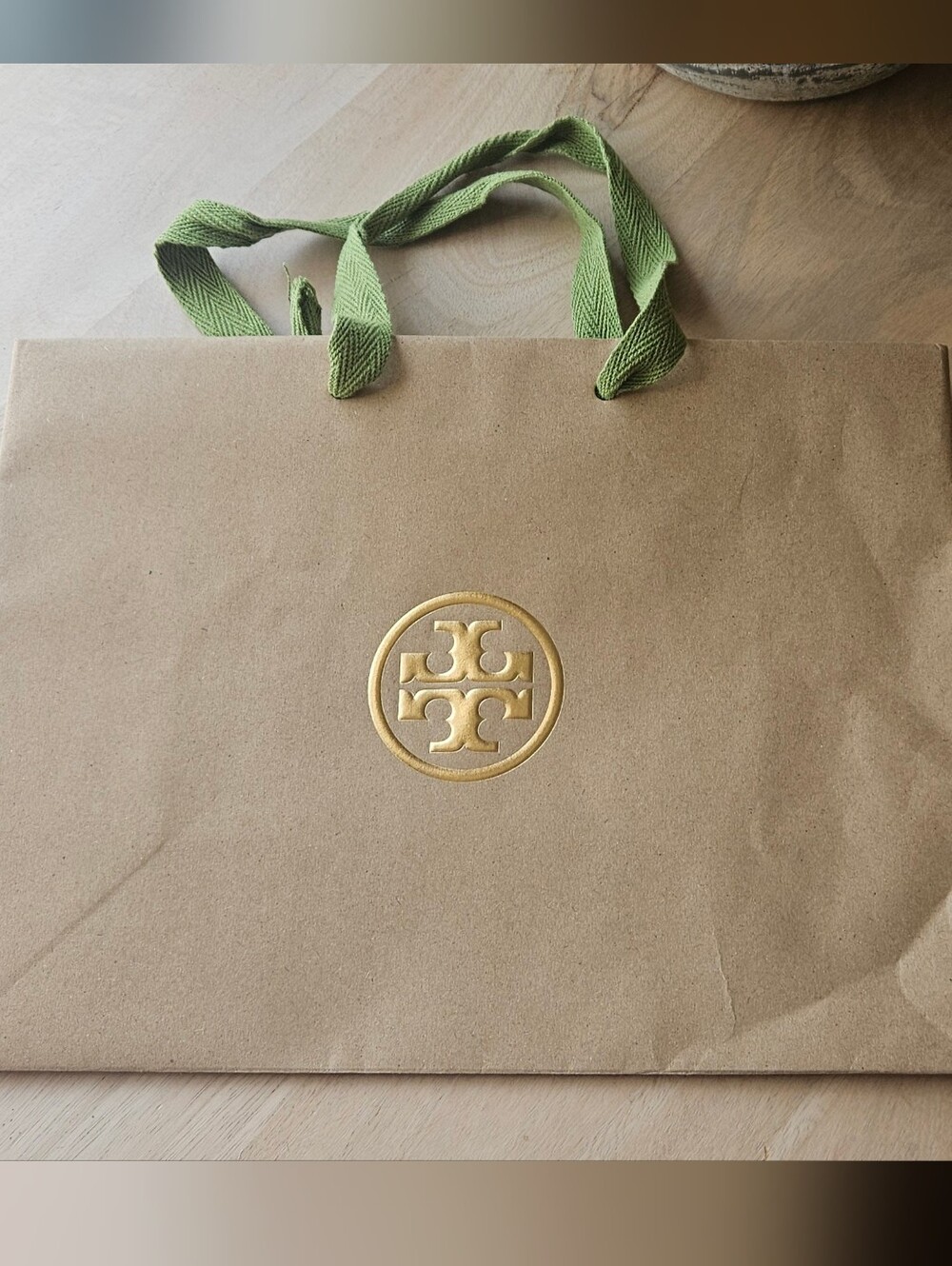 Tory Burch Brown Paper Bag with Green Fabric Handles and Gold Logo